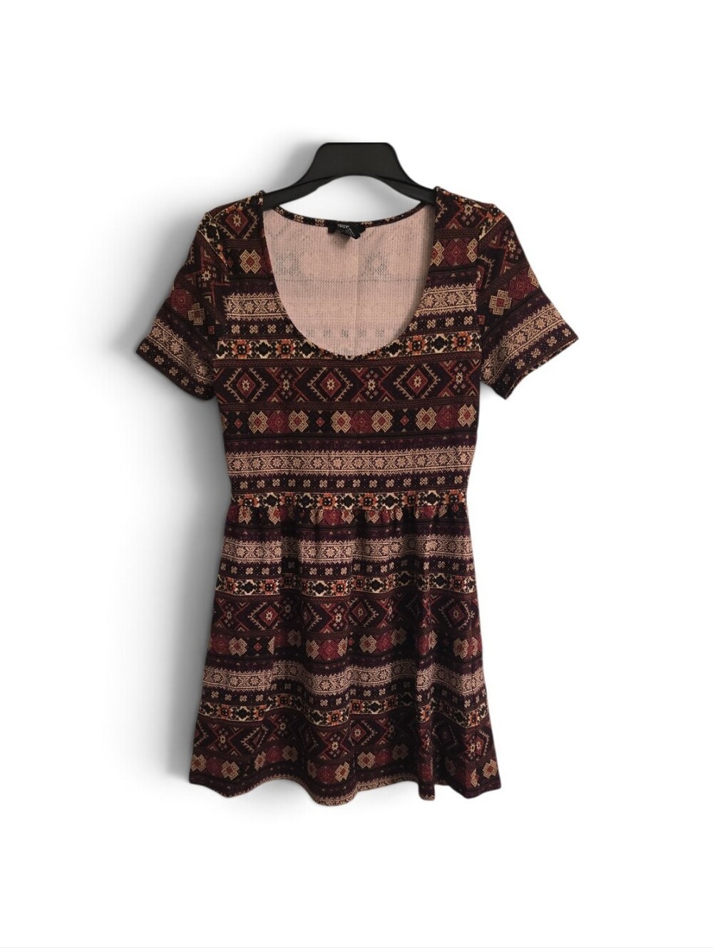 Forever 21 Maroon Tan Scoop Neck BOHO Dress L